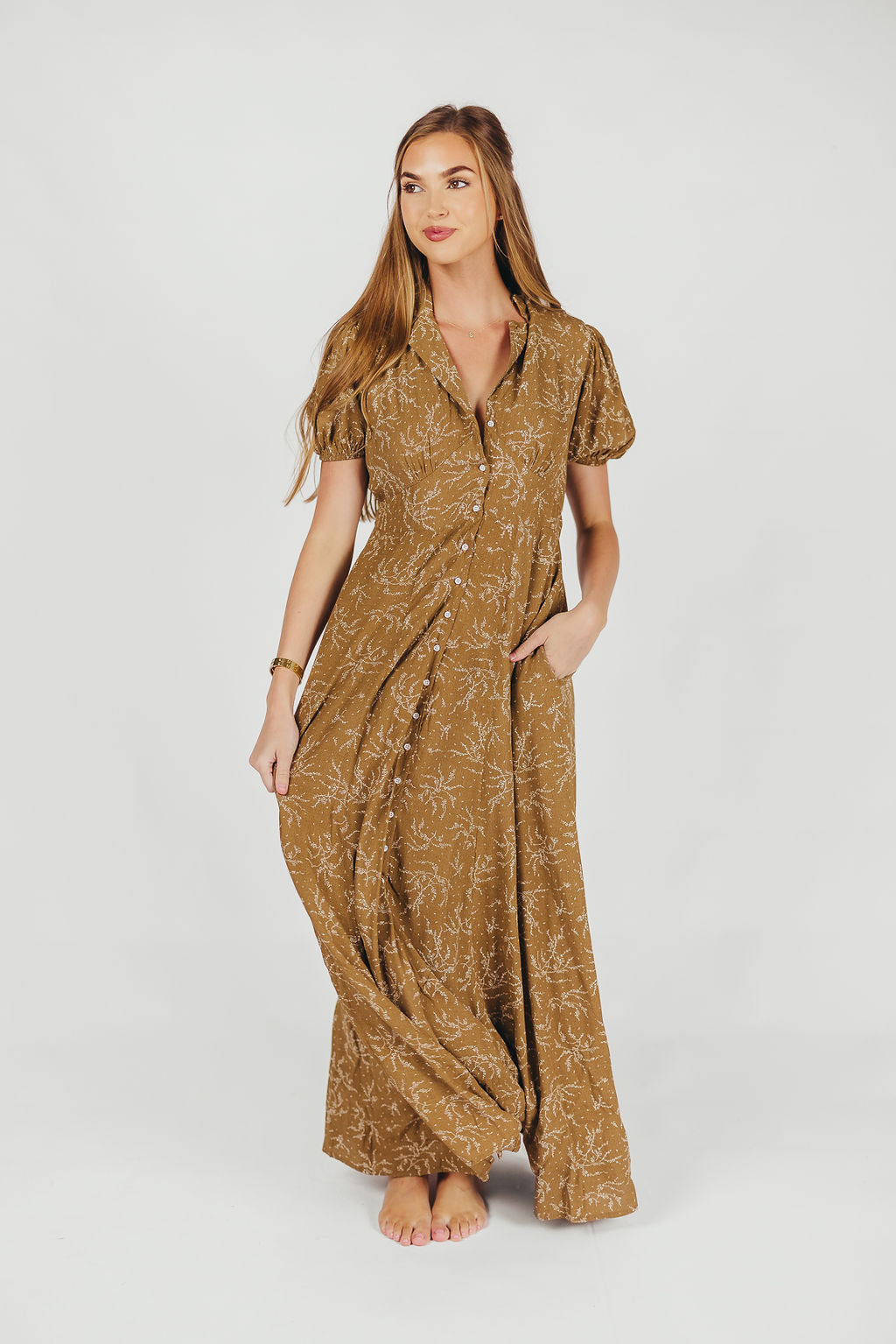 Mariah Collared Button-Down Maxi Dress in Coconut Floral - Nursing Friendly