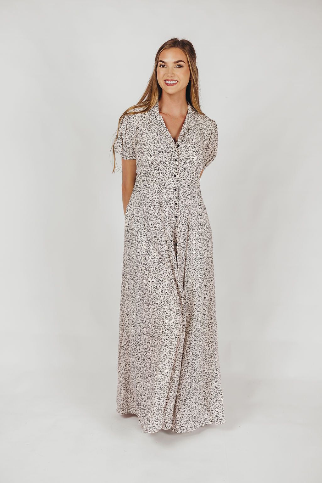 Mariah Collared Button Down Maxi Dress in Creme Floral Nursing Frien Worth Collective