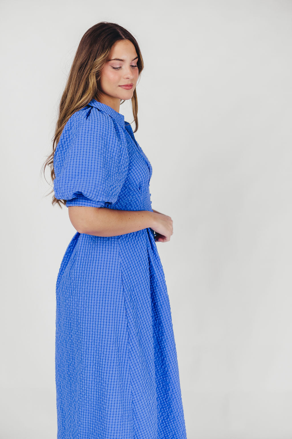 Karsyn Midi Shirt Dress with Puffed Sleeves in Blue