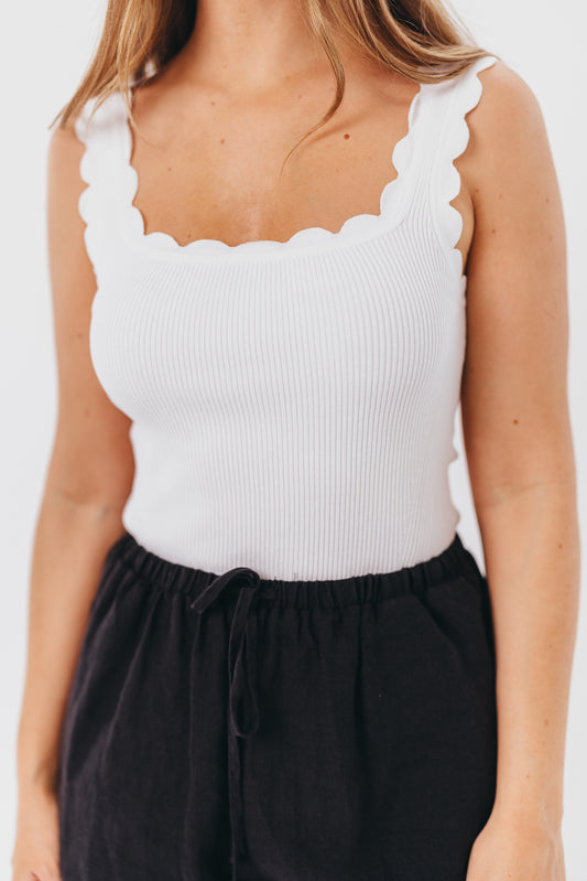 Gretel Knit Bodysuit with Scalloped Neckline in Off-White