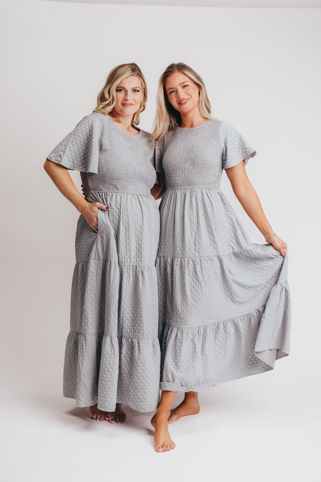 Coda Smocked Tiered Maxi Dress in Blue Grey - Bump Friendly and Inclusive Sizing