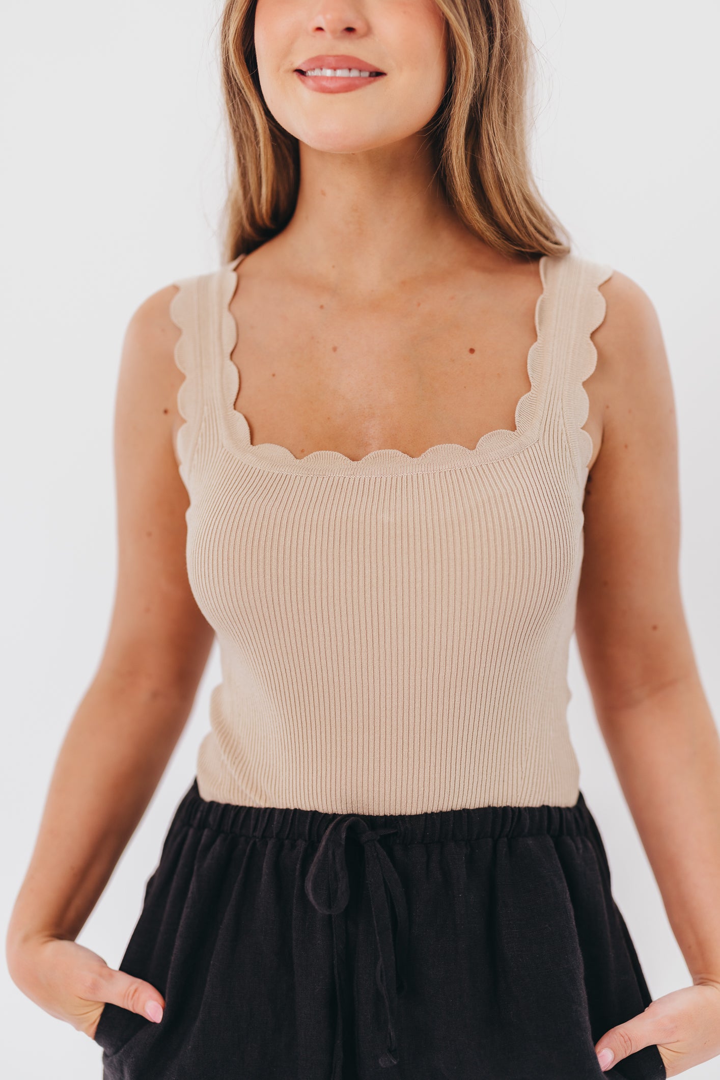 Gretel Knit Bodysuit with Scalloped Neckline in Light Taupe