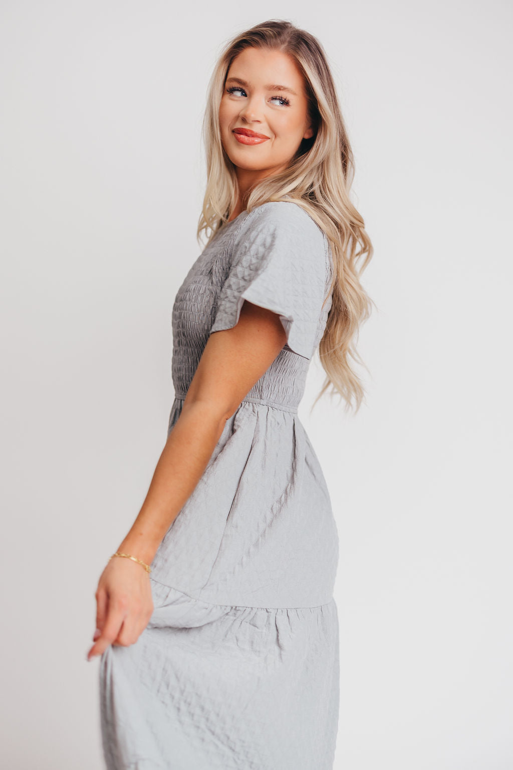 Coda Smocked Tiered Maxi Dress in Blue Grey - Bump Friendly and Inclusive Sizing