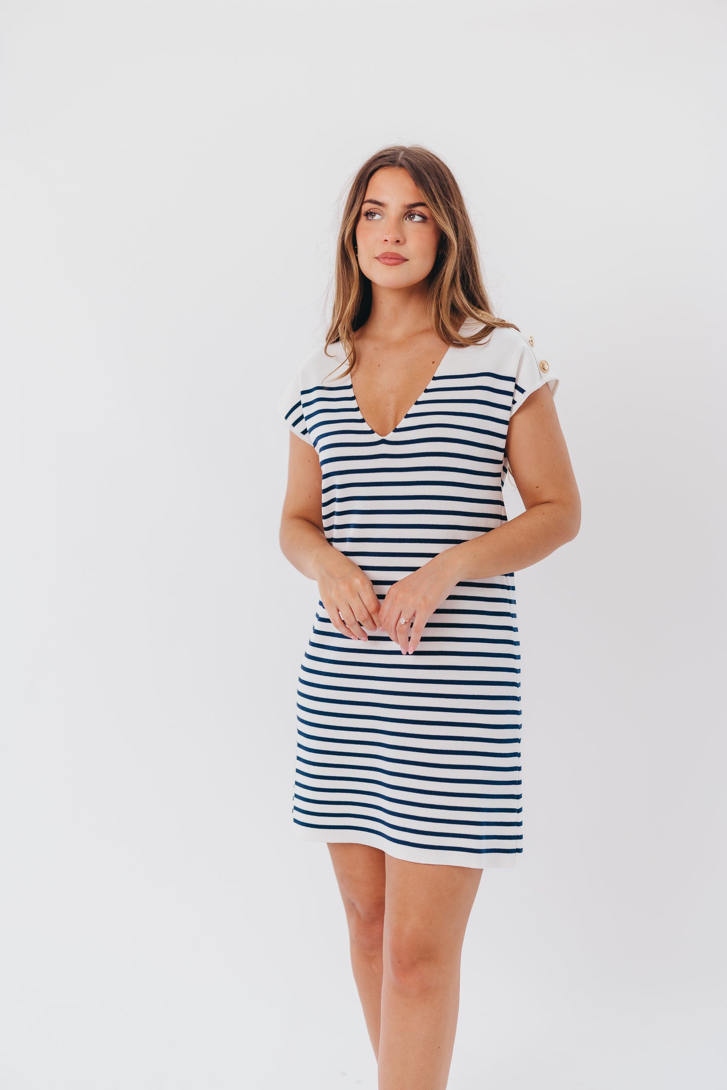 Angela Knit Mini Dress with Shoulder Button Detail in Ivory Stripe