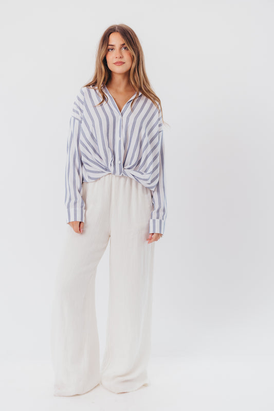 Tori Nautical Blouse with Twist Front & High Low Silhouette in White/Blue with Shimmer Accents - Nursing Friendly