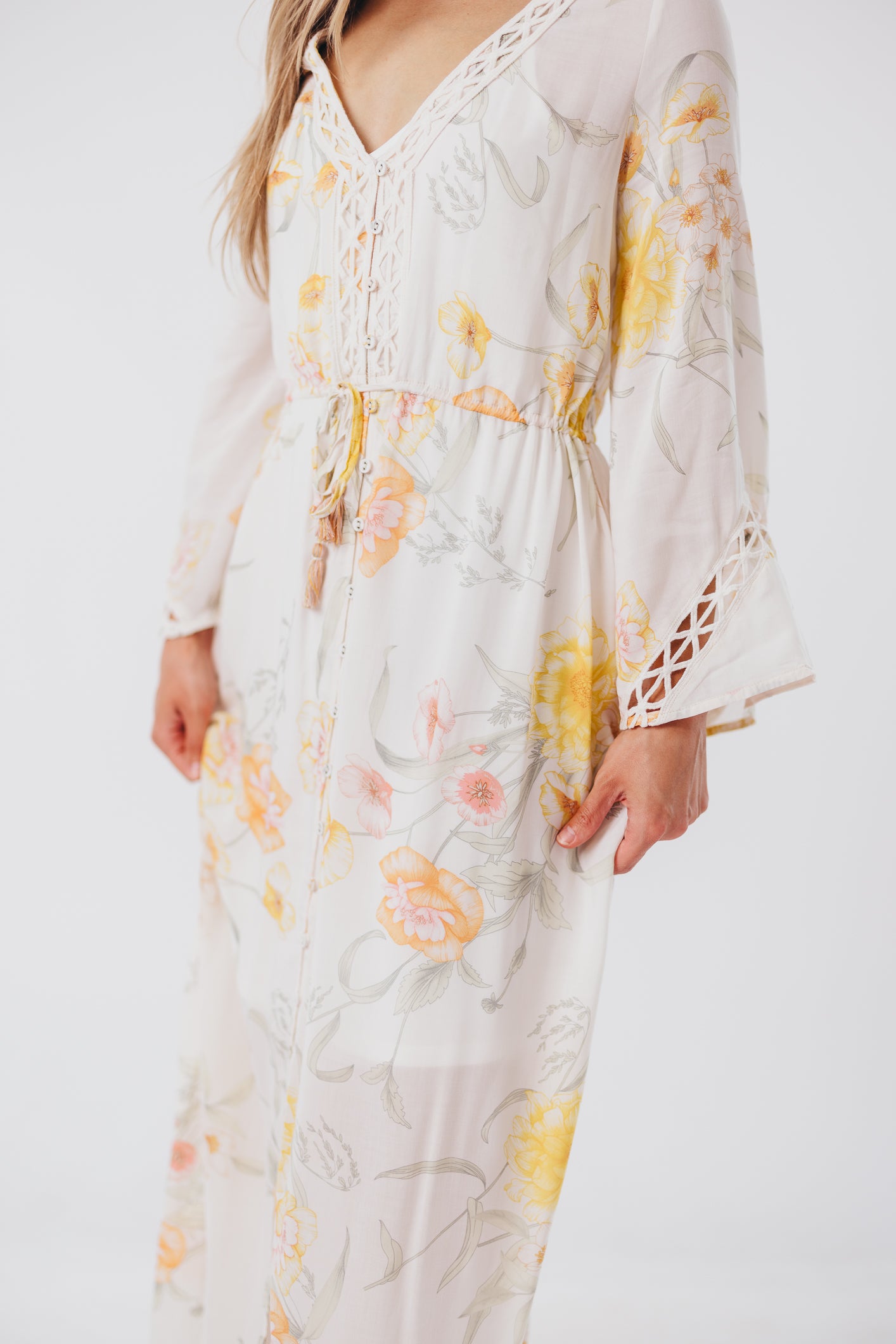 Sophie Flowy Long-sleeved Maxi Dress with Button-Up Front in Vanilla/Coral Floral - Nursing Friendly