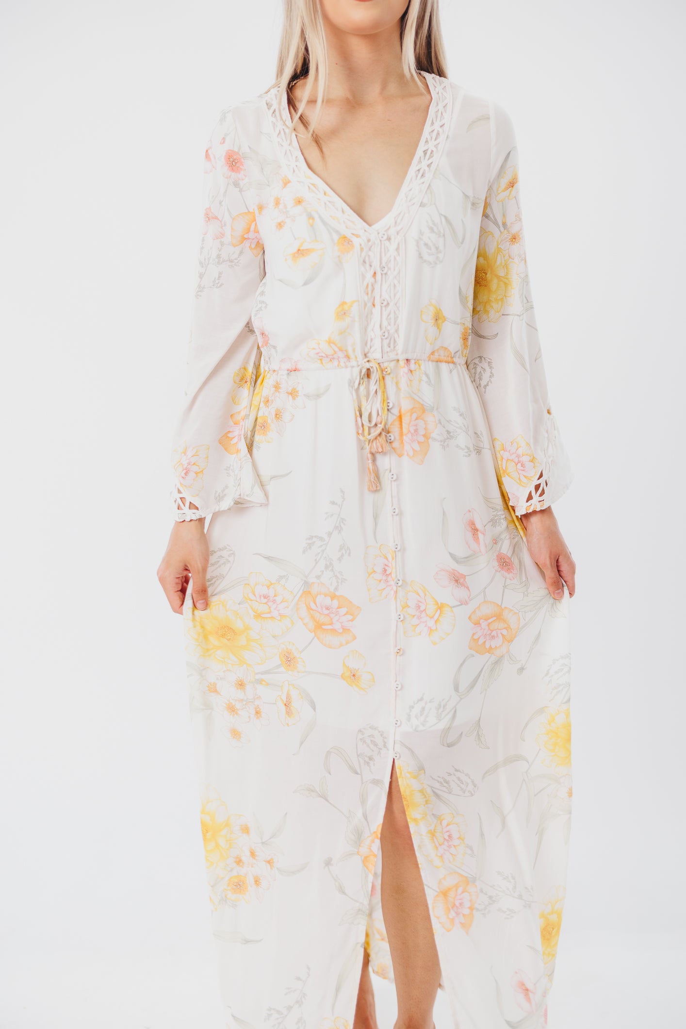 Sophie Flowy Long-sleeved Maxi Dress with Button-Up Front in Vanilla/Coral Floral - Nursing Friendly
