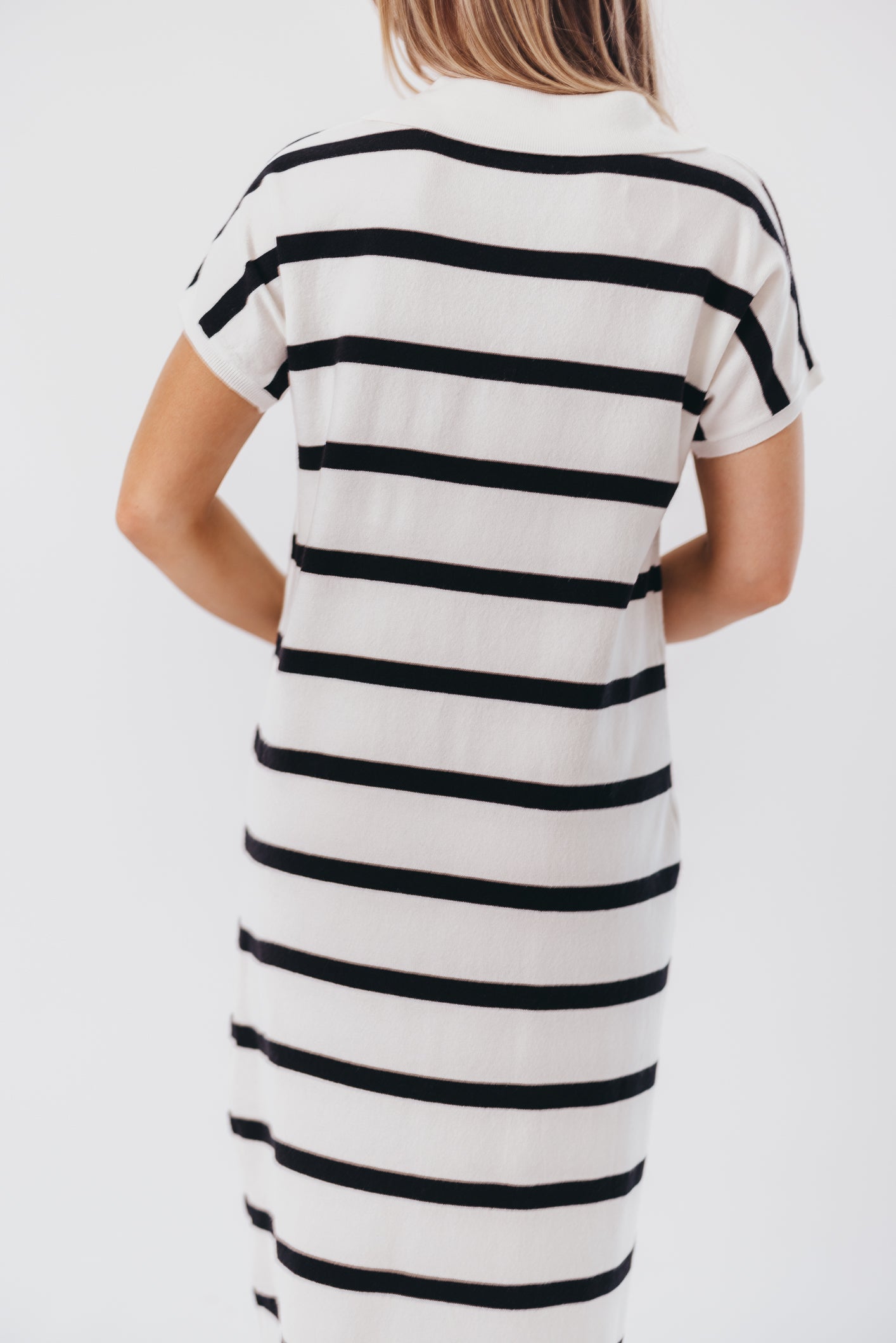 Maggie Knit Maxi Dress with Collar in Off-White/Black Stripe