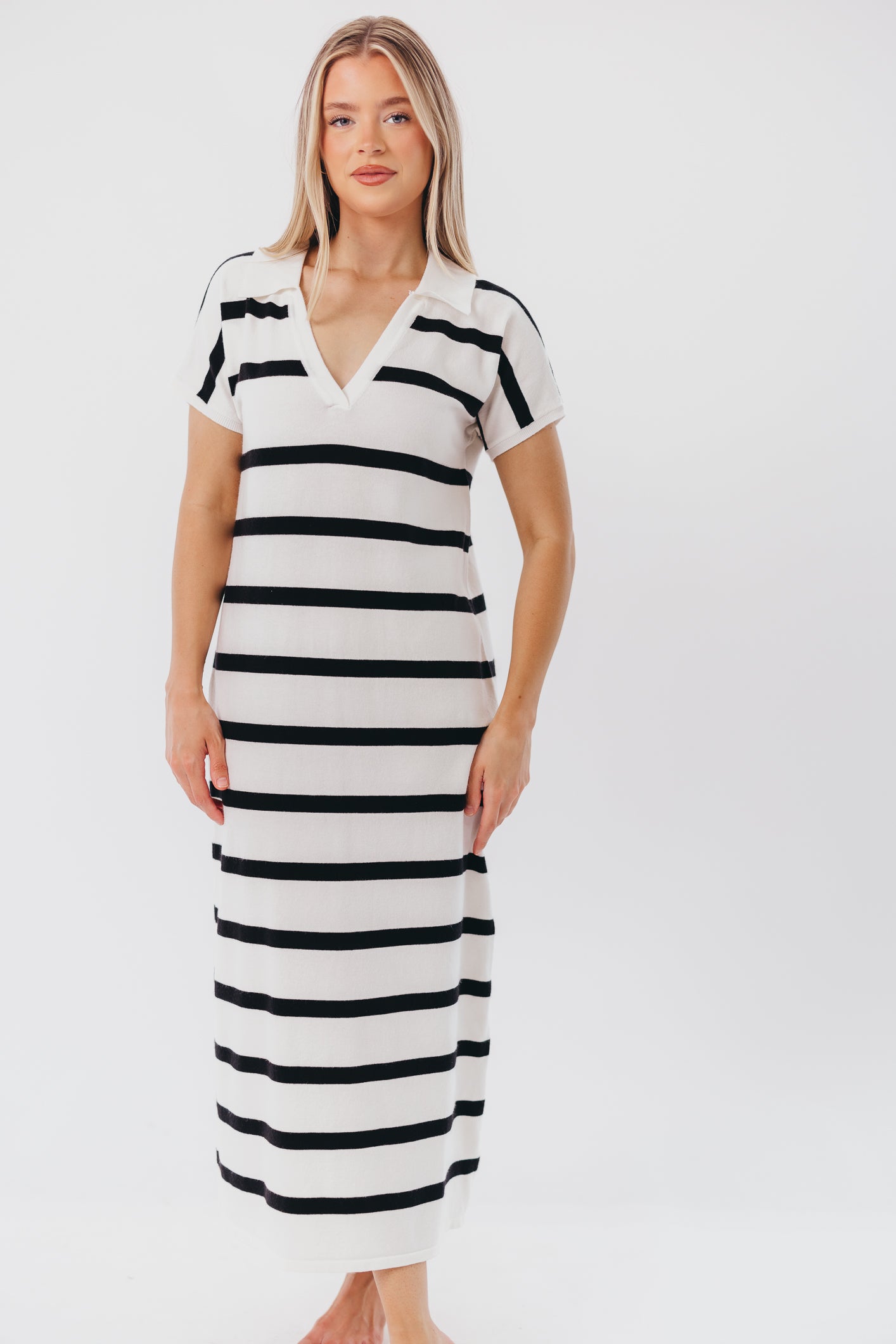 Maggie Knit Maxi Dress with Collar in Off-White/Black Stripe