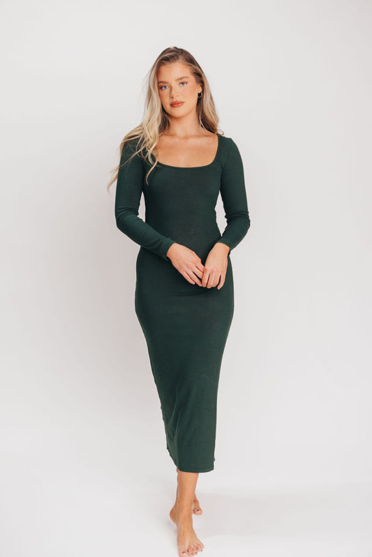 Tessa Ribbed Square Neck Midi Dress with Long Sleeves in Deep Pine