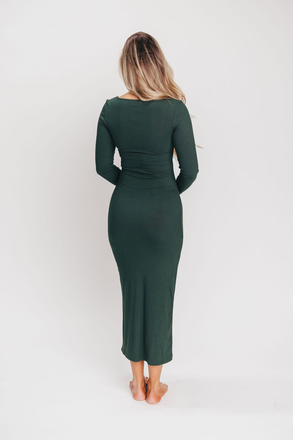 Tessa Ribbed Square Neck Midi Dress with Long Sleeves in Deep Pine
