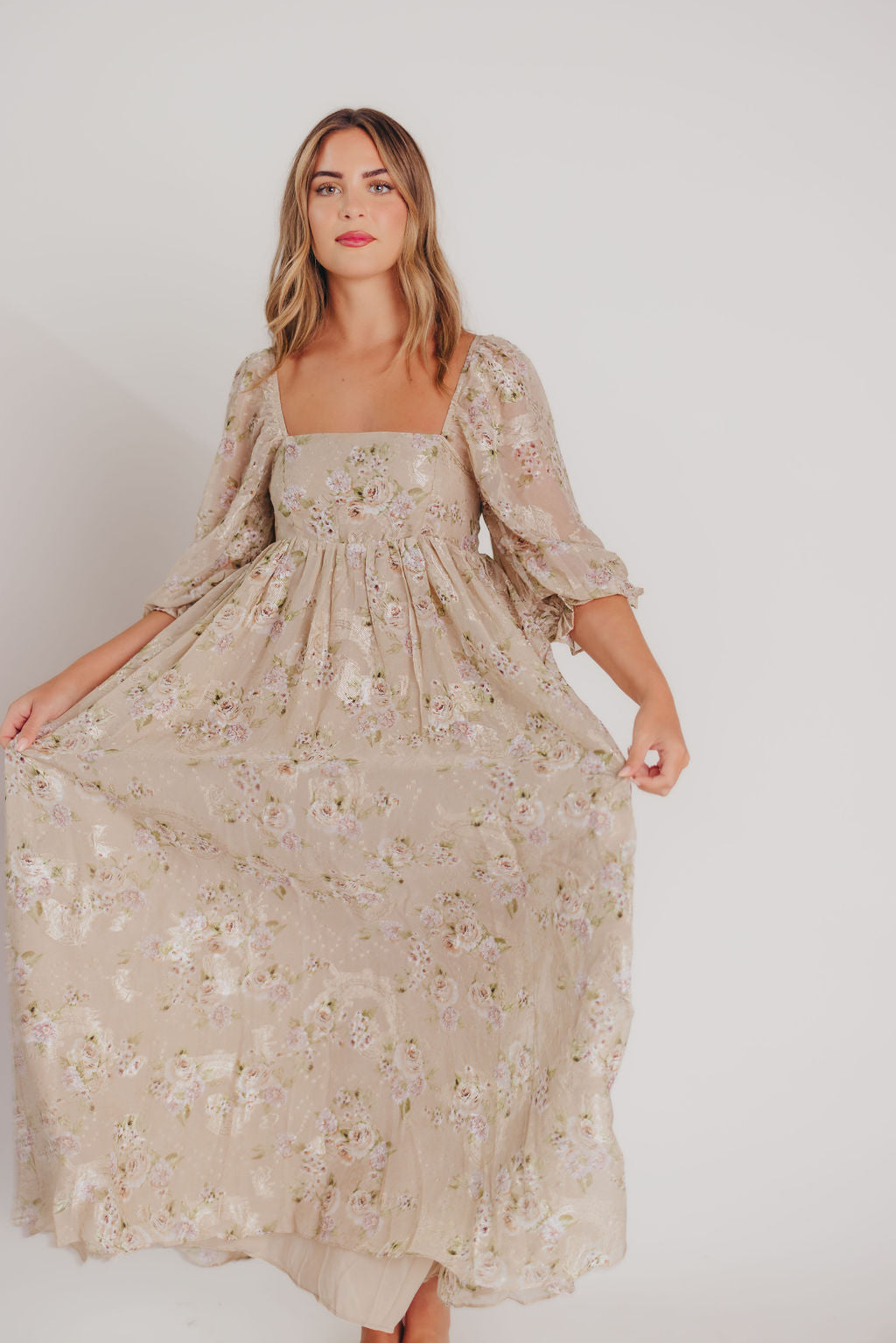 Mona Maxi Dress in Beige/Brown Floral - Bump Friendly - Inclusive Sizing (S-2X) *LOW QUANTITIES