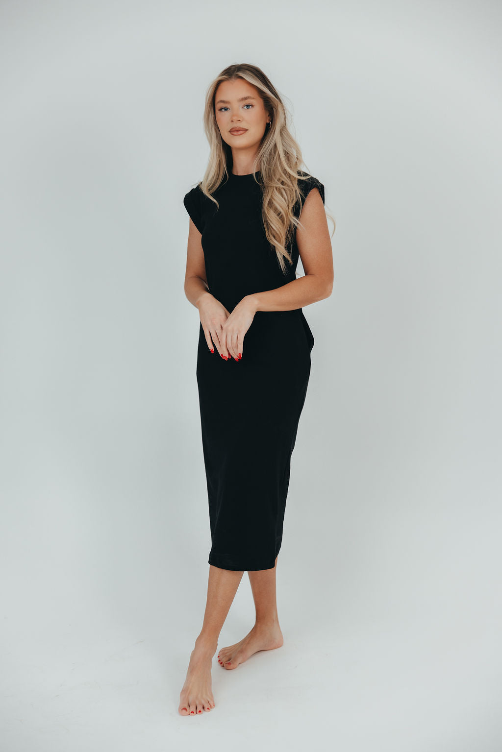 Adeline Mini Ribbed Knit Midi Dress in Black - Sign up for restocks