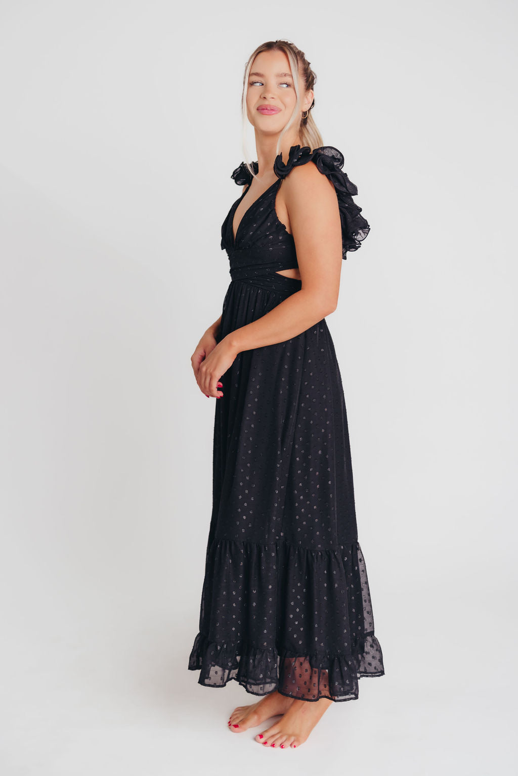 Ingrid Embroidered Maxi Dress in Black Dots