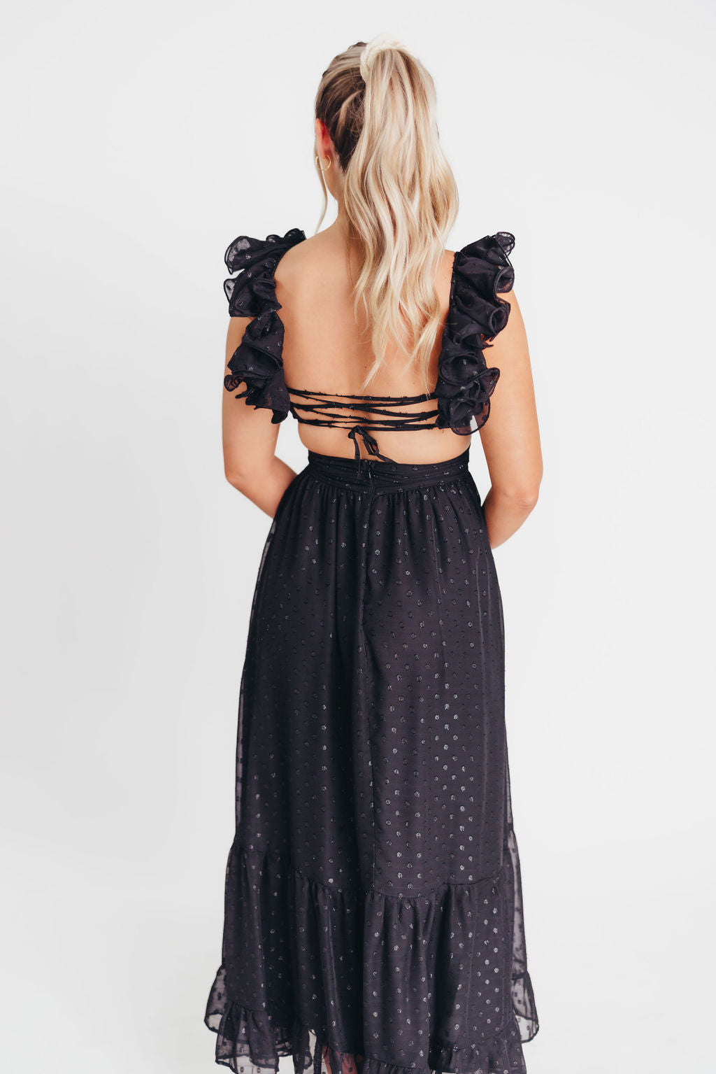 Ingrid Embroidered Maxi Dress in Black Dots