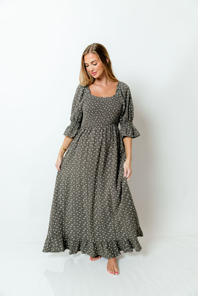 Sienna 100% Cotton Puff Sleeve Maxi Dress in Forest Foliage - Bump Fri
