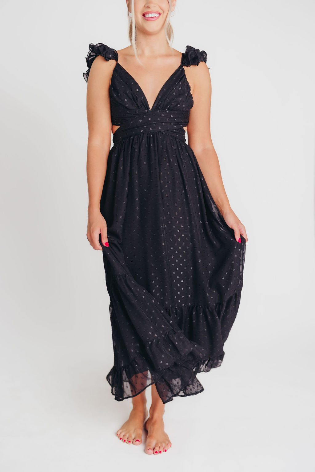 Ingrid Embroidered Maxi Dress in Black Dots