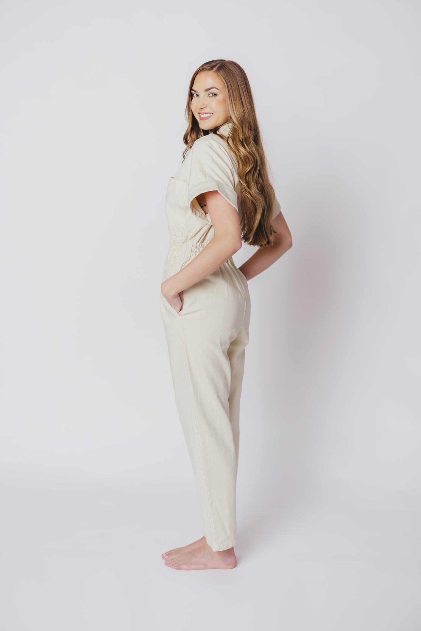 Saylor 100% Cotton Short-Sleeved Jumpsuit in Beige - Nursing Friendly