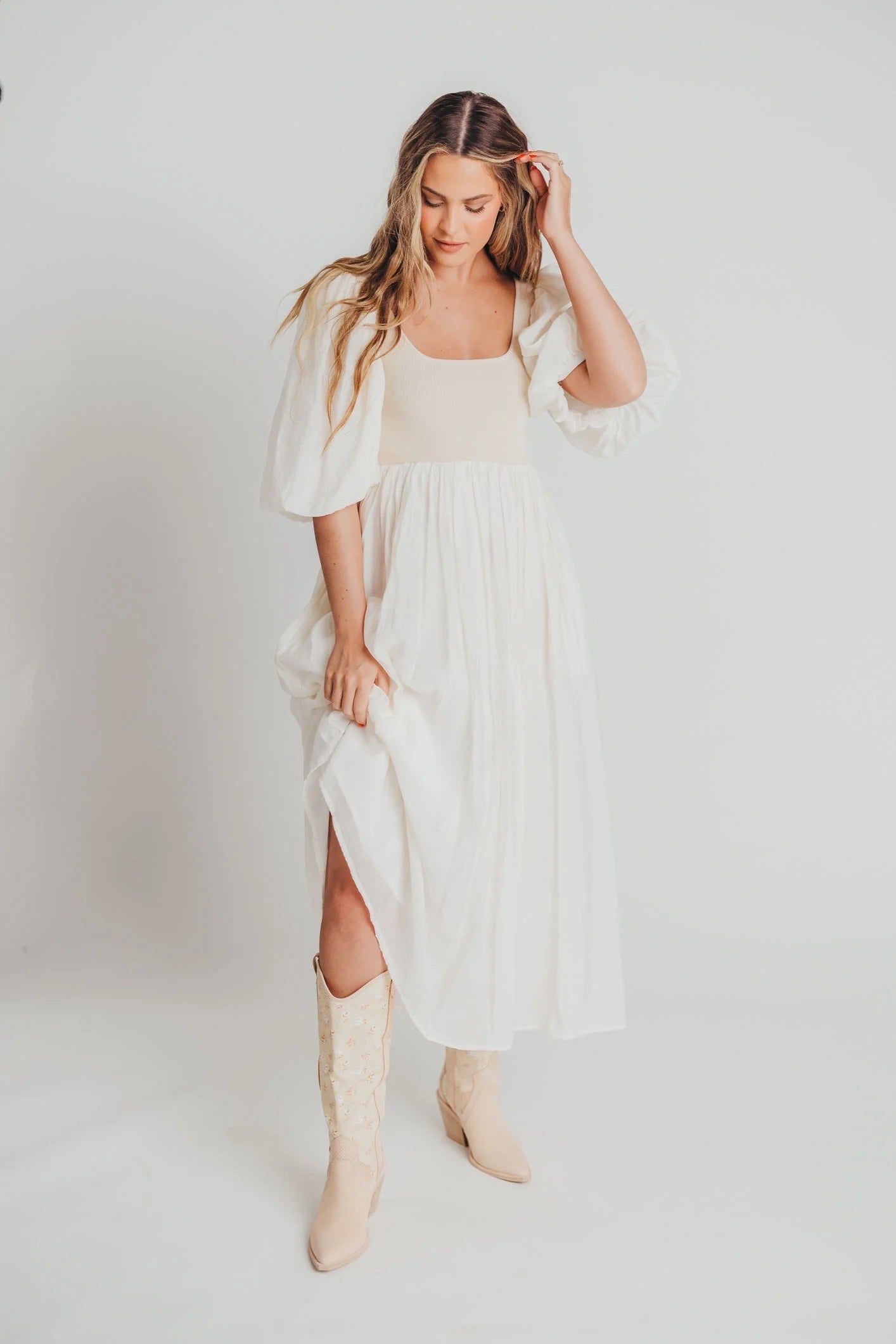 Raina Combination Midi Dress with Puff Sleeves in Natural - Bump Friendly