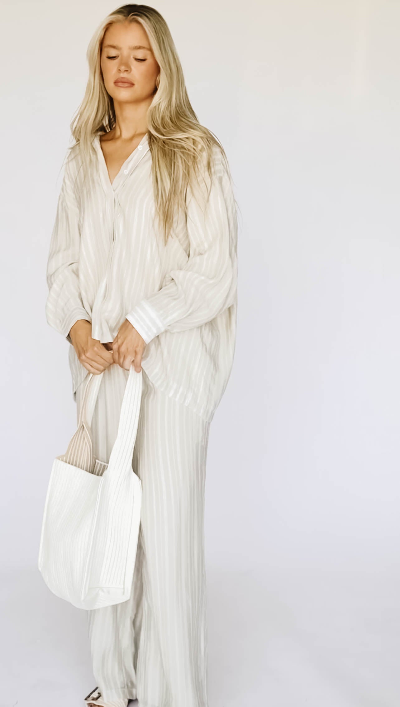 Sloane Striped Button Down Shirt and Pants Set in Natural Nursing Fr Worth Collective