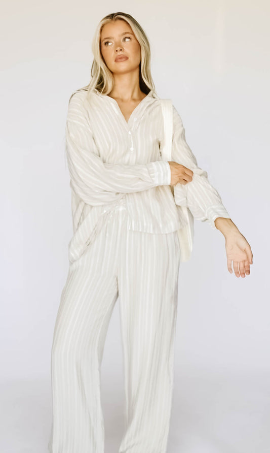 Sloane Striped Button-Down Shirt and Pants Set in Natural - Nursing Friendly