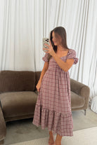 Maple Field Gingham Babydoll Midi Dress in Burgundy, another angle