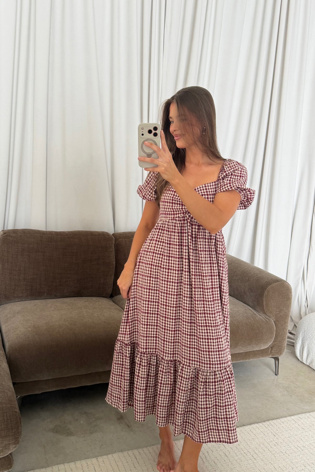 Maple Field Gingham Babydoll Midi Dress in Burgundy, another angle