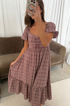 Maple Field Gingham Babydoll Midi Dress in Burgundy, side view