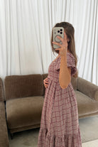 Maple Field Gingham Babydoll Midi Dress in Burgundy, studio view