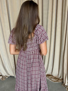 Maple Field Gingham Babydoll Midi Dress in Burgundy, styled view