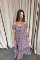Maple Field Gingham Babydoll Midi Dress in Burgundy, another angle