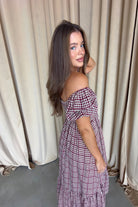 Maple Field Gingham Babydoll Midi Dress in Burgundy, side view