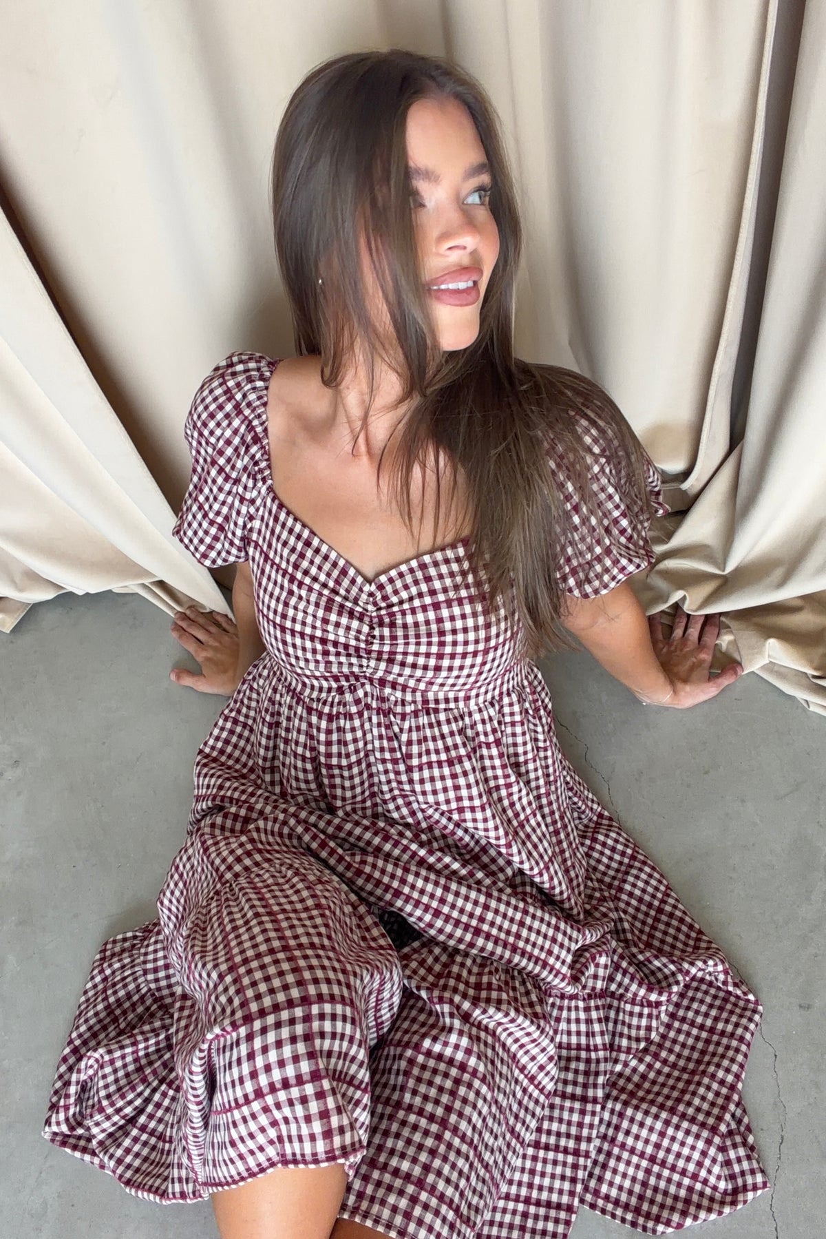 Maple Field Gingham Babydoll Midi Dress in Burgundy, close view