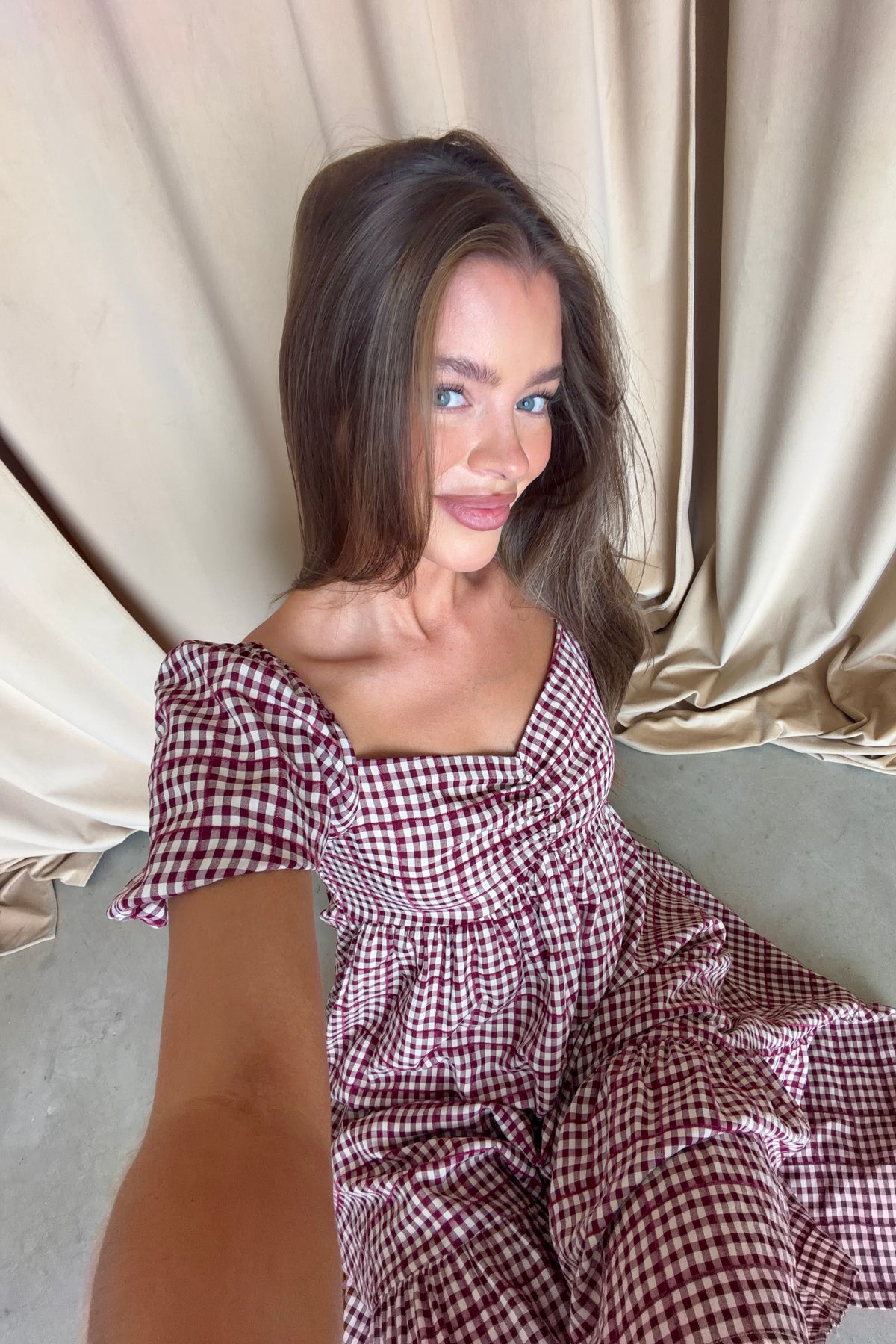 Maple Field Gingham Babydoll Midi Dress in Burgundy, full length