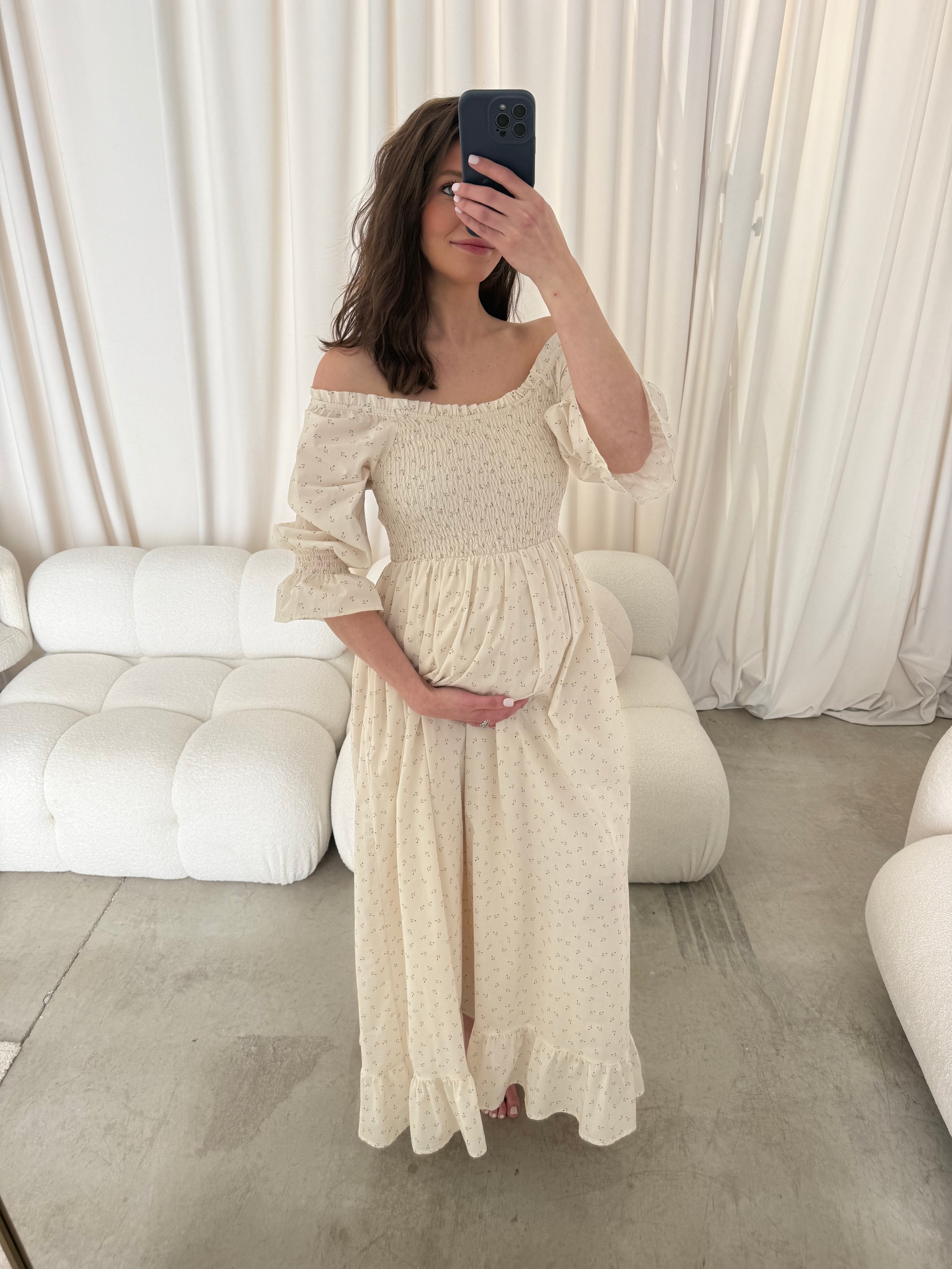 Sienna 100% Cotton Puff Sleeve Maxi Dress in Ivory Floral (Lined) - Bump Friendly X-Small Sienna 100% Cotton Puff Sleeve Maxi Dress in Ivory Floral (Lined) - Bump Friendly X-Small