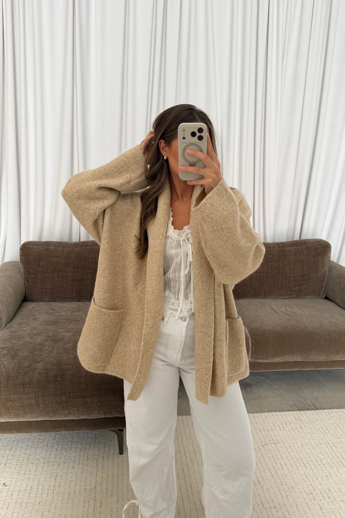 Annabelle Relaxed Shawl Collar Open Front Cardigan in Oatmeal, another angle