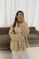Annabelle Relaxed Shawl Collar Open Front Cardigan in Oatmeal, side view