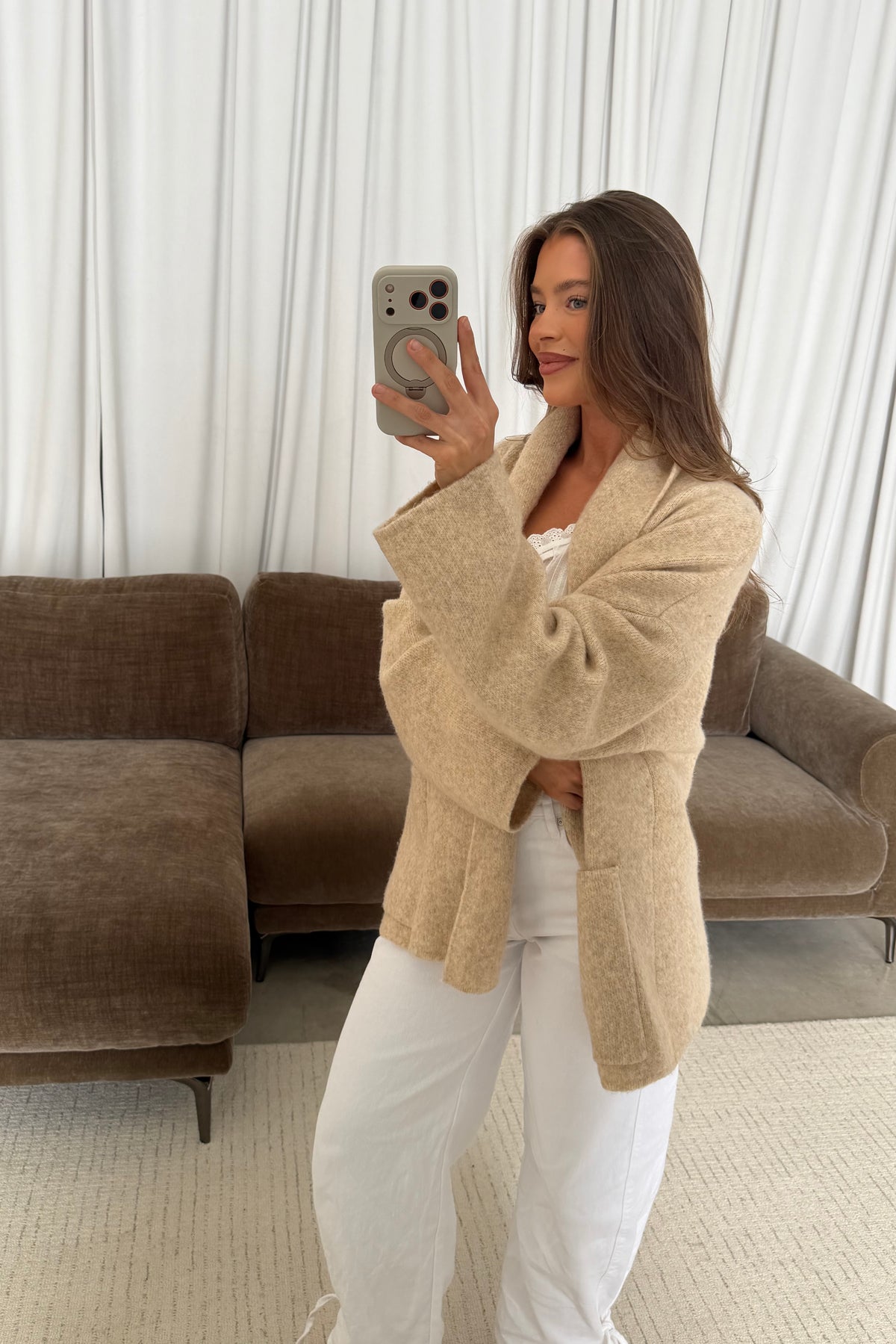 Annabelle Relaxed Shawl Collar Open Front Cardigan in Oatmeal, back view