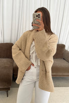 Annabelle Relaxed Shawl Collar Open Front Cardigan in Oatmeal, full length