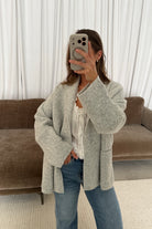 Annabelle Relaxed Shawl Collar Open Front Cardigan in Birch, back view