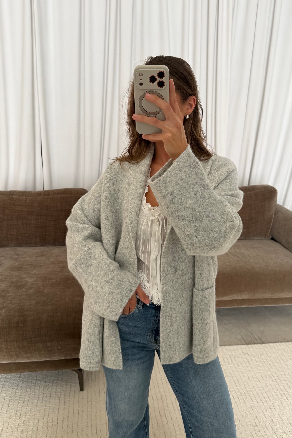 Annabelle Relaxed Shawl Collar Open Front Cardigan in Birch, back view