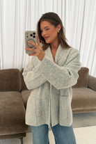 Annabelle Relaxed Shawl Collar Open Front Cardigan in Birch, close view