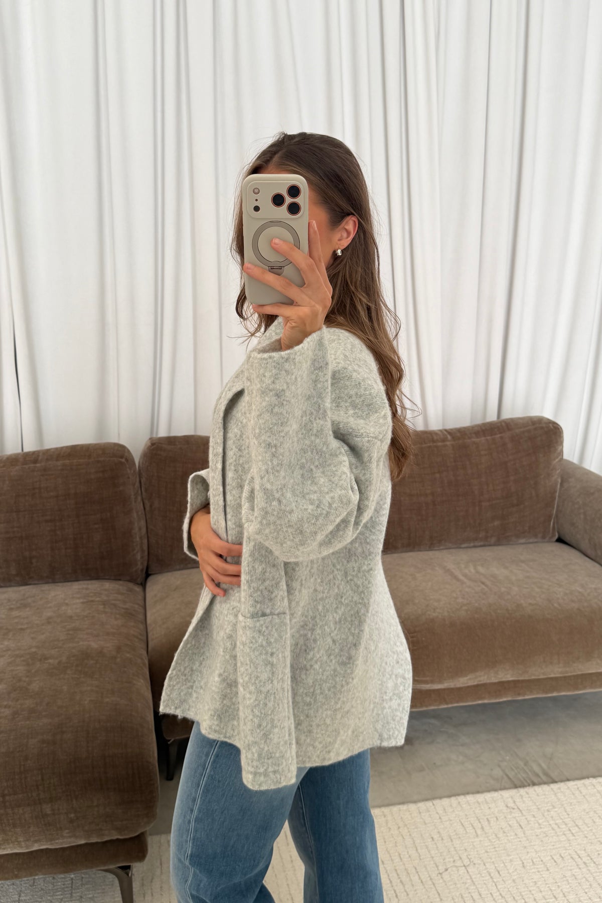 Annabelle Relaxed Shawl Collar Open Front Cardigan in Birch, full length