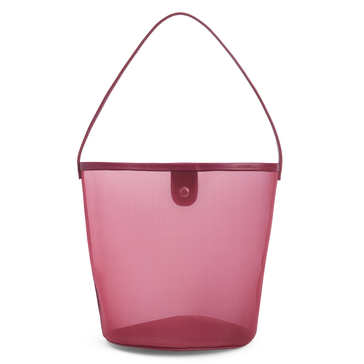 Vancouver mesh bucket bag in a rosy wine pink with a single shoulder strap and front tab, shown on a white background