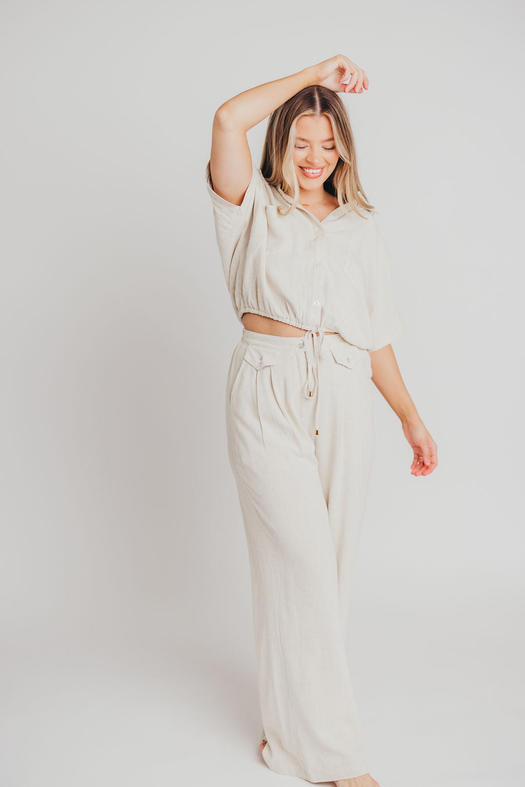 Erin Linen Blend Pleated Trousers in Natural