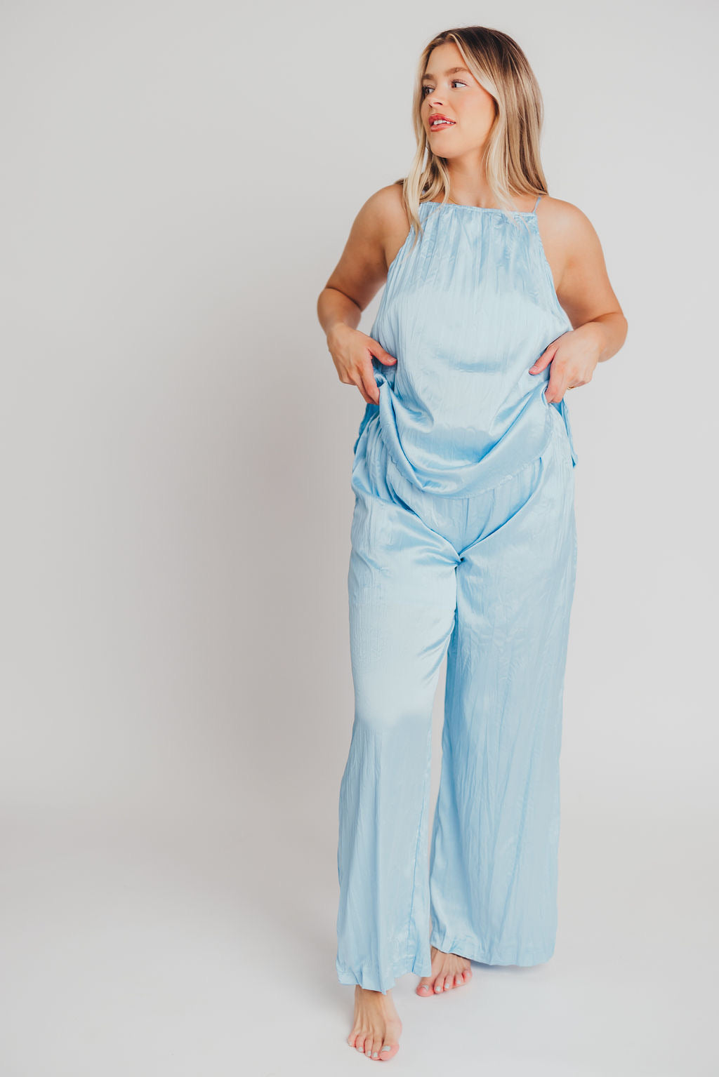 Fraser Satin Pleated Pants in Light Blue