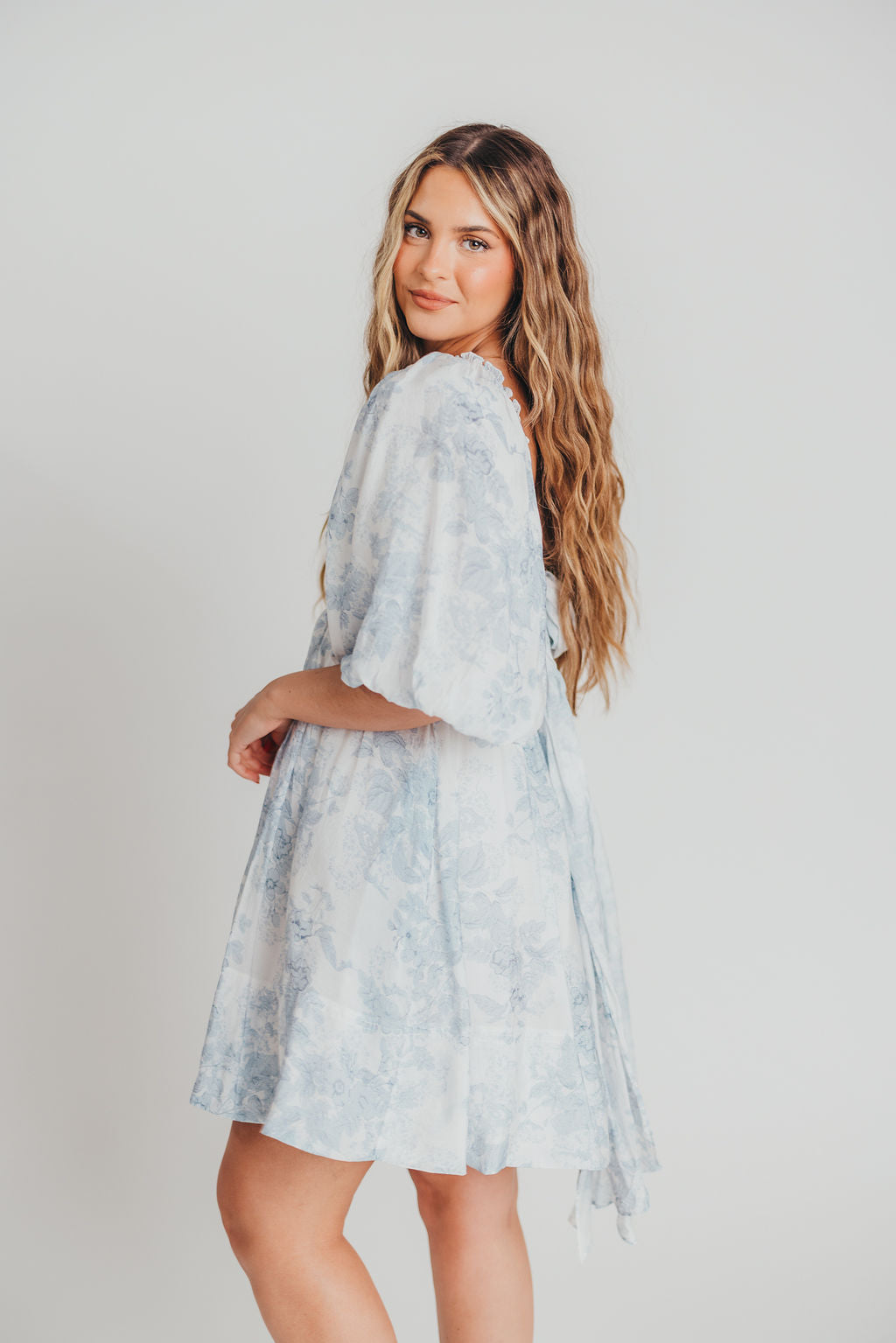 Melody Mini Dress with Pleats and Bow Detail in Baby Blue Floral