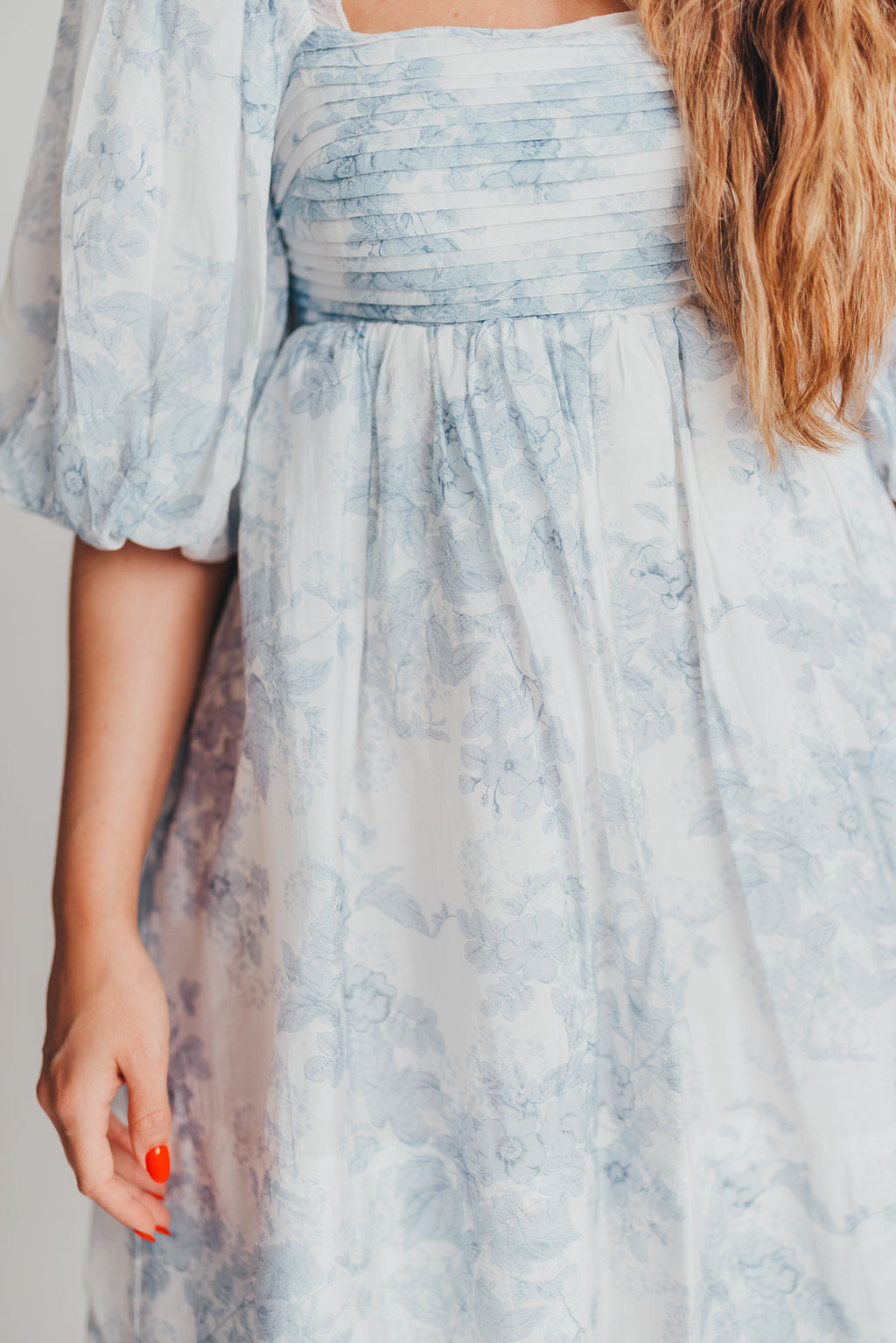 Melody Mini Dress with Pleats and Bow Detail in Baby Blue Floral