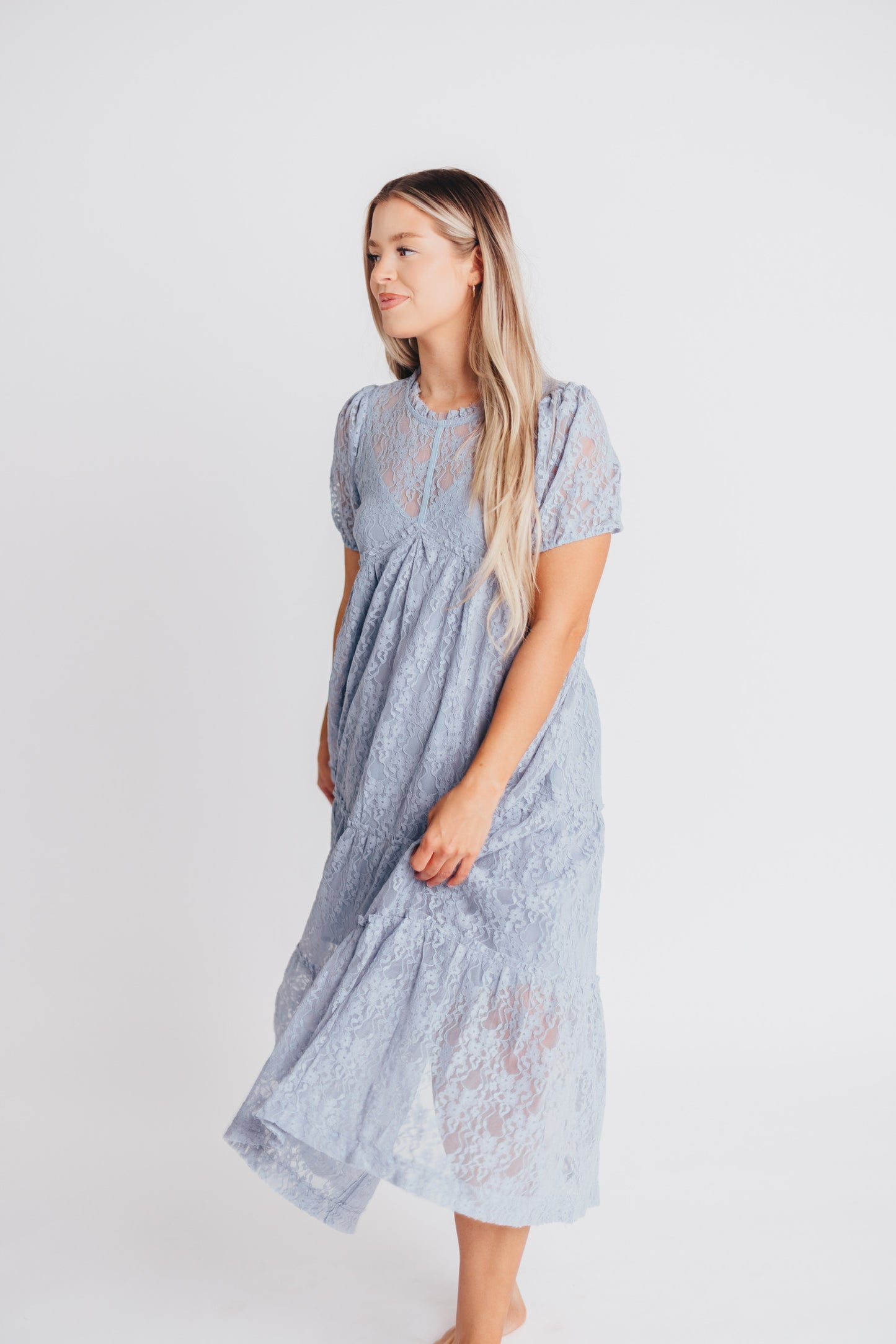 Sawyer Lace Midi Dress in Dusty Blue - Bump Friendly