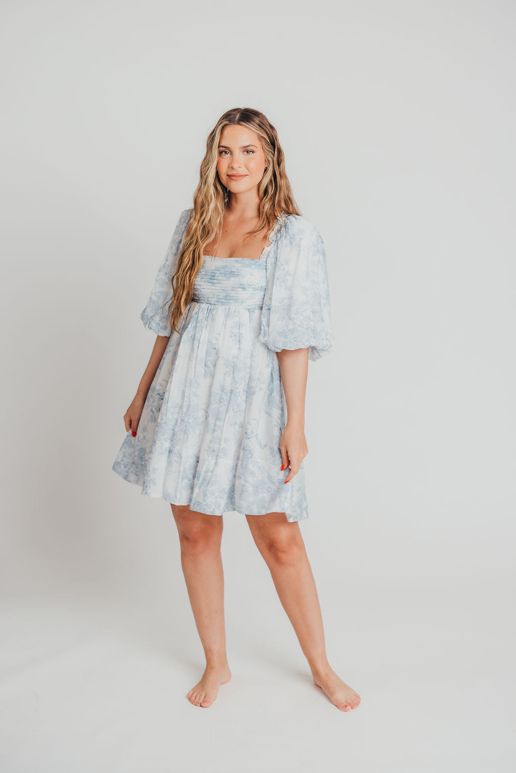 Melody Mini Dress with Pleats and Bow Detail in Baby Blue Floral